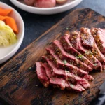 Sliced corned beef on a cutting board with a knife, showcasing the perfect tenderness.