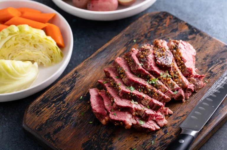 Sliced corned beef on a cutting board with a knife, showcasing the perfect tenderness.