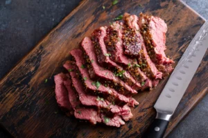 Sliced corned beef on a cutting board with a knife, showcasing the perfect tenderness.