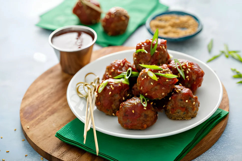 Delicious sweet and sour meatballs served in a tangy sauce with a sprinkle of sesame seeds and green onions.