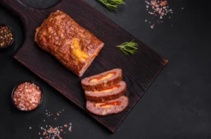 Juicy smoked meatloaf on a wooden cutting board, garnished with fresh herbs, ready to be served