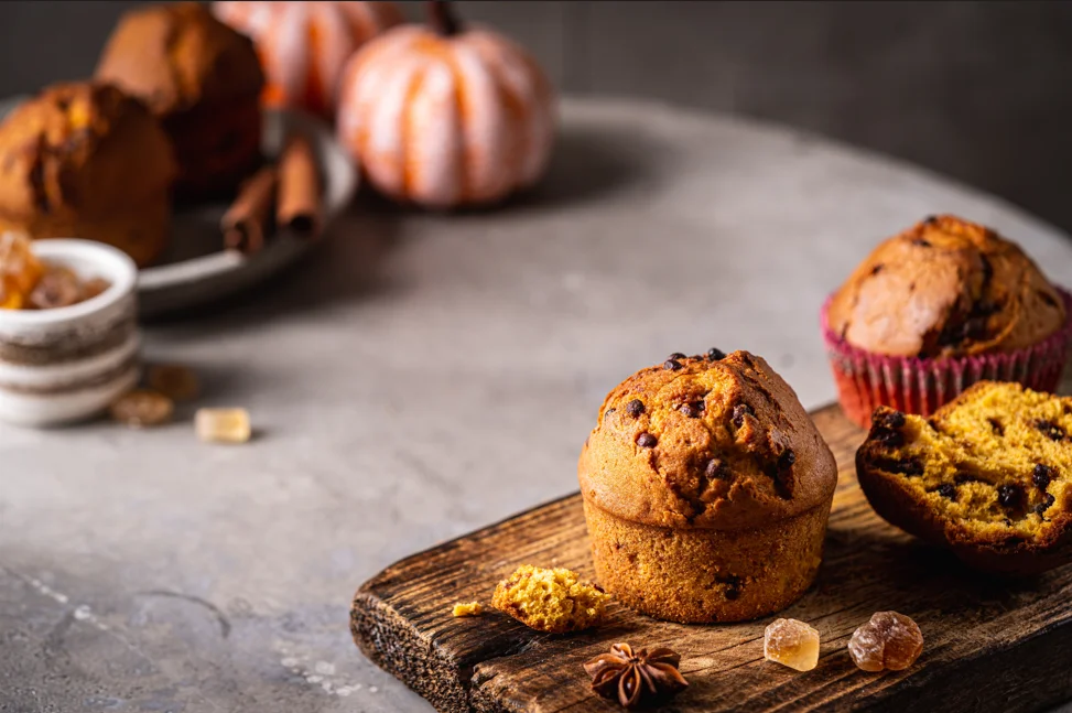 Close-up of a homemade pumpkin muffin on a rustic wooden table, highlighting its moist texture and autumnal spices, with a focus on low-carb baking alternatives.