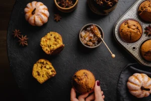 Freshly baked pumpkin muffins on a cooling rack, showcasing their golden tops and moist texture, embodying the essence of fall baking.