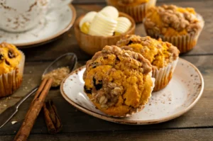 Assorted freshly baked pumpkin muffins on a cooling rack, showcasing the warm, inviting colors and textures of fall baking ingredients.