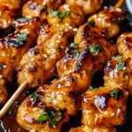 Delicious Bang Bang Chicken Skewers garnished with fresh herbs and served with creamy sauce, perfect for a summer barbecue.