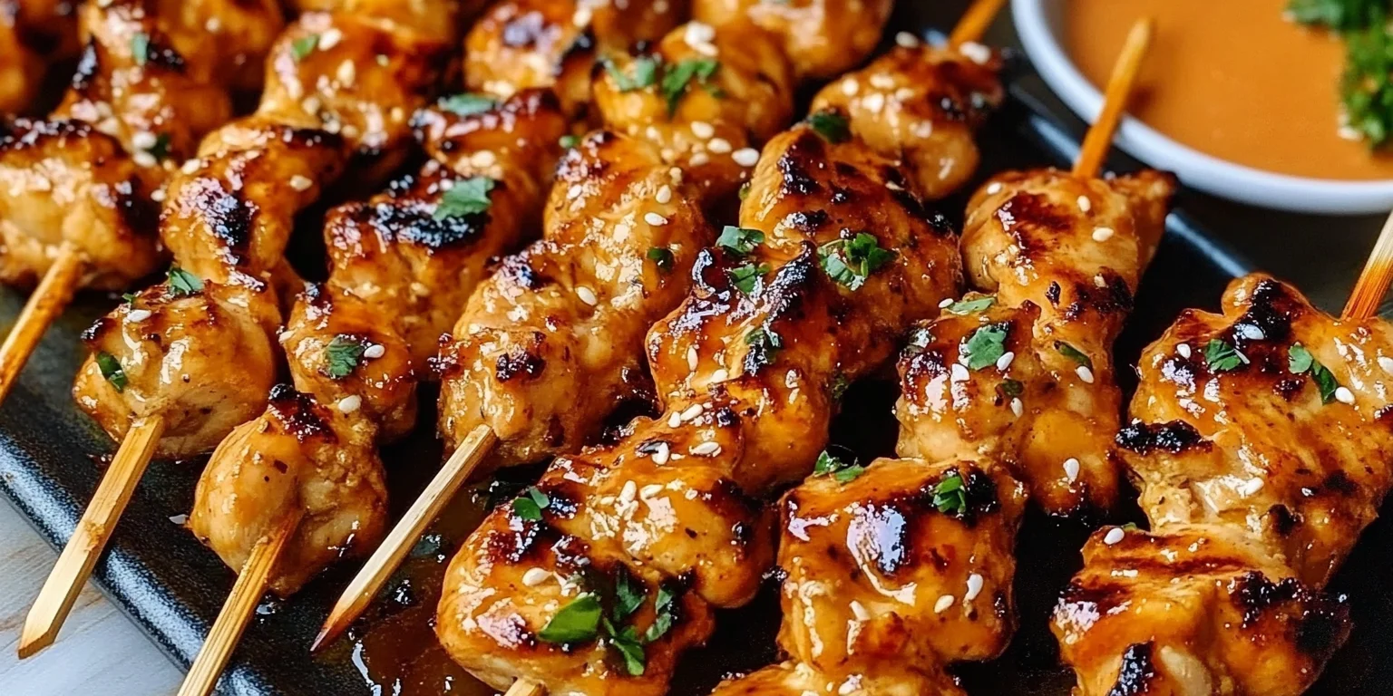 Delicious Bang Bang Chicken Skewers garnished with fresh herbs and served with creamy sauce, perfect for a summer barbecue.