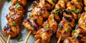 Delicious Bang Bang Chicken Skewers garnished with fresh herbs and served with creamy sauce, perfect for a summer barbecue.